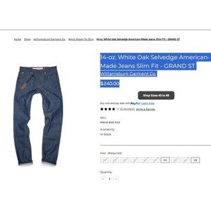 Williamsburg Garment Company Jeans‎ Mens 33X30 Japanese Selvedge Denim